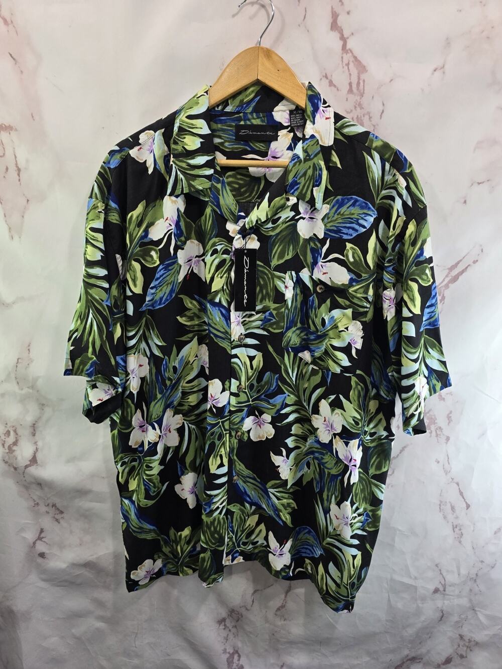 Vintage Shirt Mens XL Black Floral Button Up Short Sleeve Hawaiian Camp Rayon